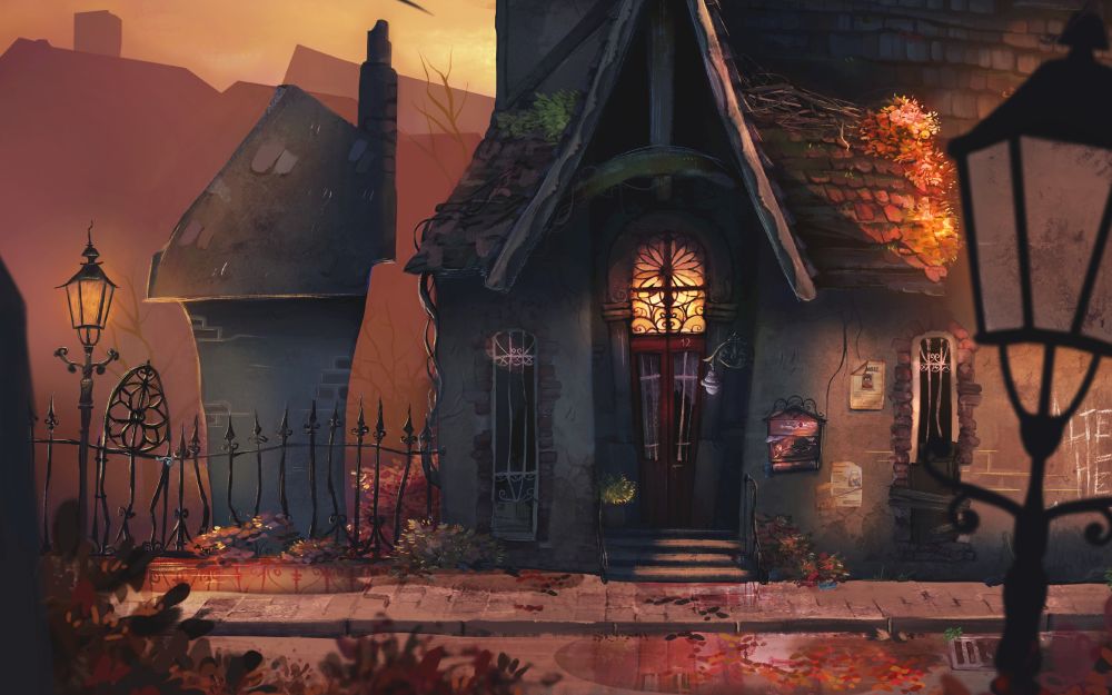 Illustration aus dem Spiel Ernas Unheil - das düstere Haus der Nachbarin und ihr Garten sind zu sehen