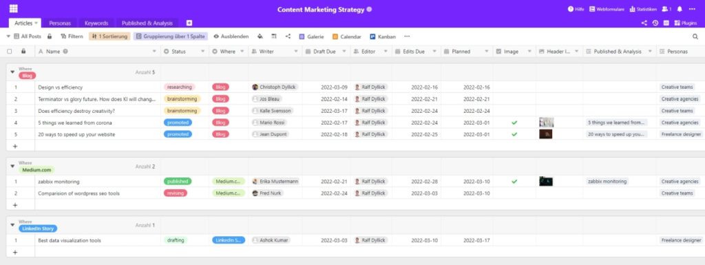 SeaTable-Screenshot für Content-Marketing-Strategie